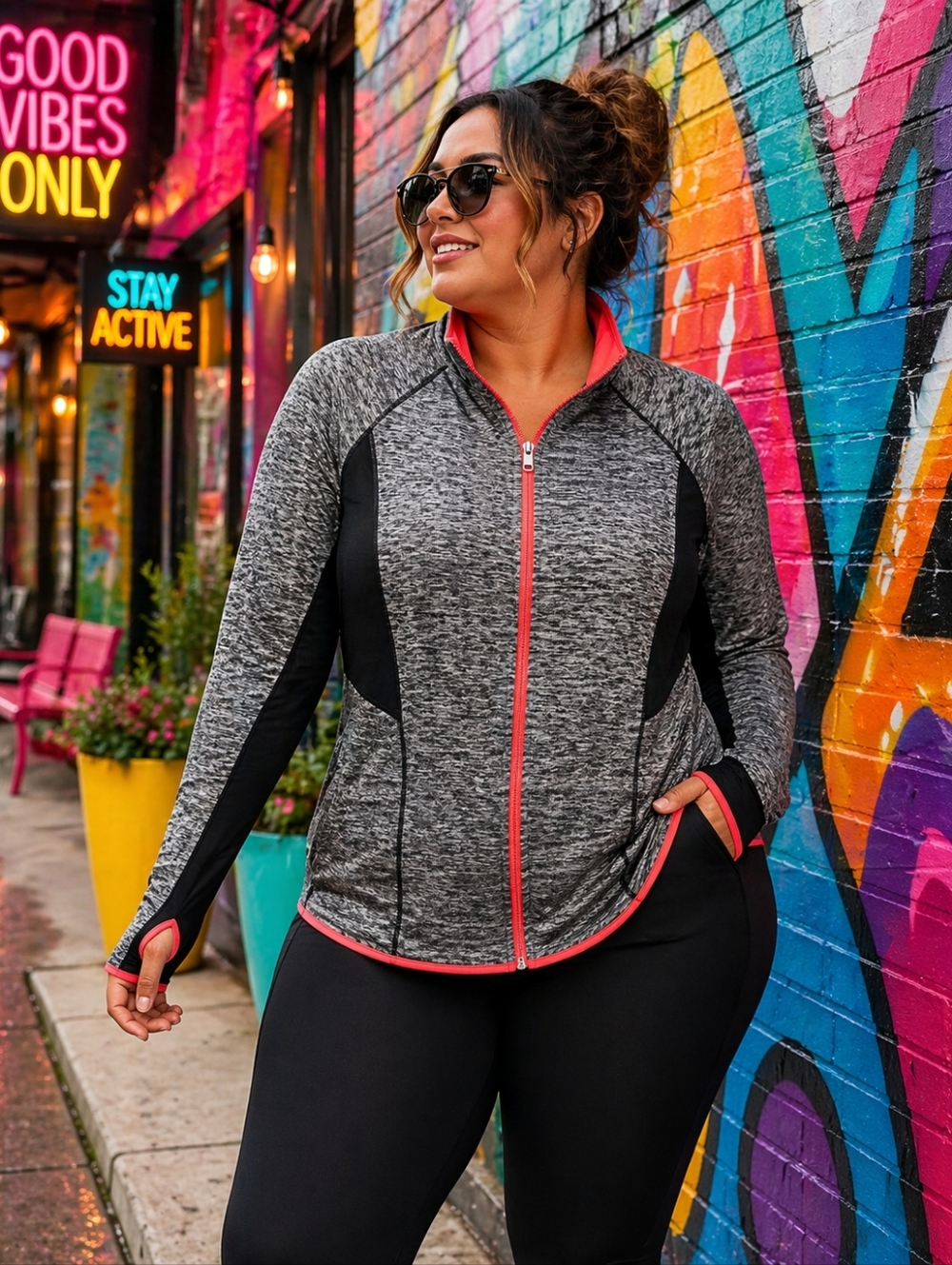 Activezone Zip Up Jacket Grey Black Coral Trim Thumbhole Size X/1X